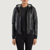 Sutix Black Leather Hooded Bomber Jacket